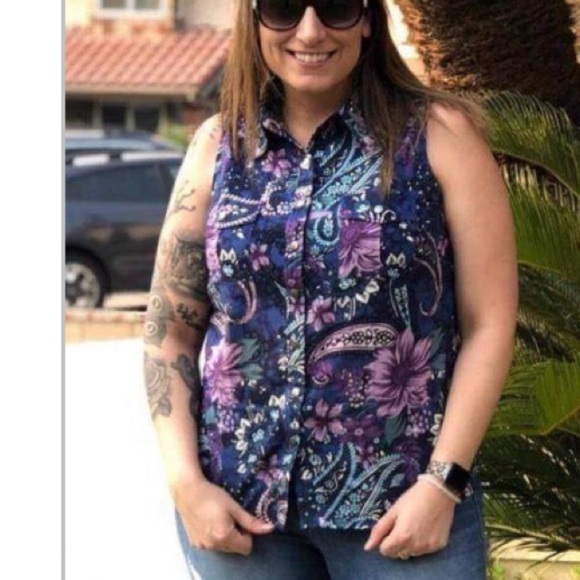 LuLaRoe 3XL Roxanne Blue Floral Sleeveless Snap Front Collared Shirt Tan… - Picture 1 of 3
